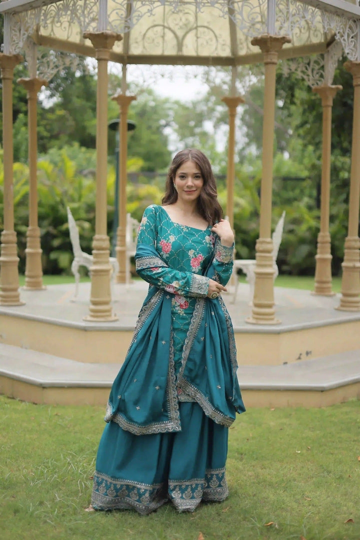 Elegant Chinon Palazzo Suit | Printed & Sequins Embroidery for Festive Wear