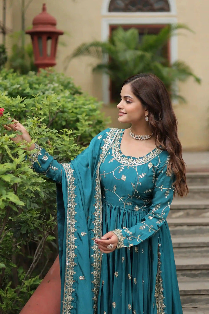 Stunning Readymade Palazzo Suit | Chinon Fabric with Beautiful Embroidery Work