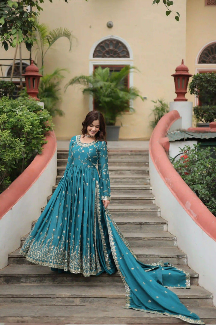 Stunning Readymade Palazzo Suit | Chinon Fabric with Beautiful Embroidery Work