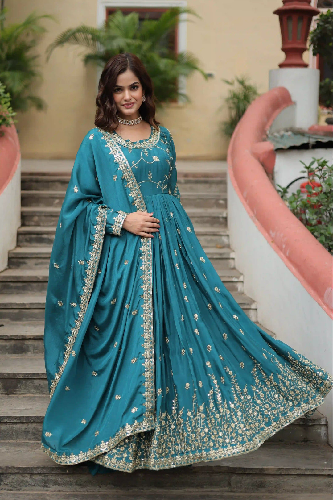 Stunning Readymade Palazzo Suit | Chinon Fabric with Beautiful Embroidery Work