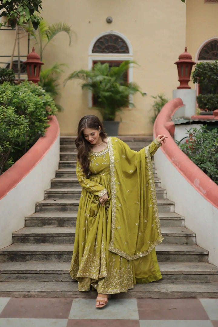 Stunning Readymade Palazzo Suit | Chinon Fabric with Beautiful Embroidery Work