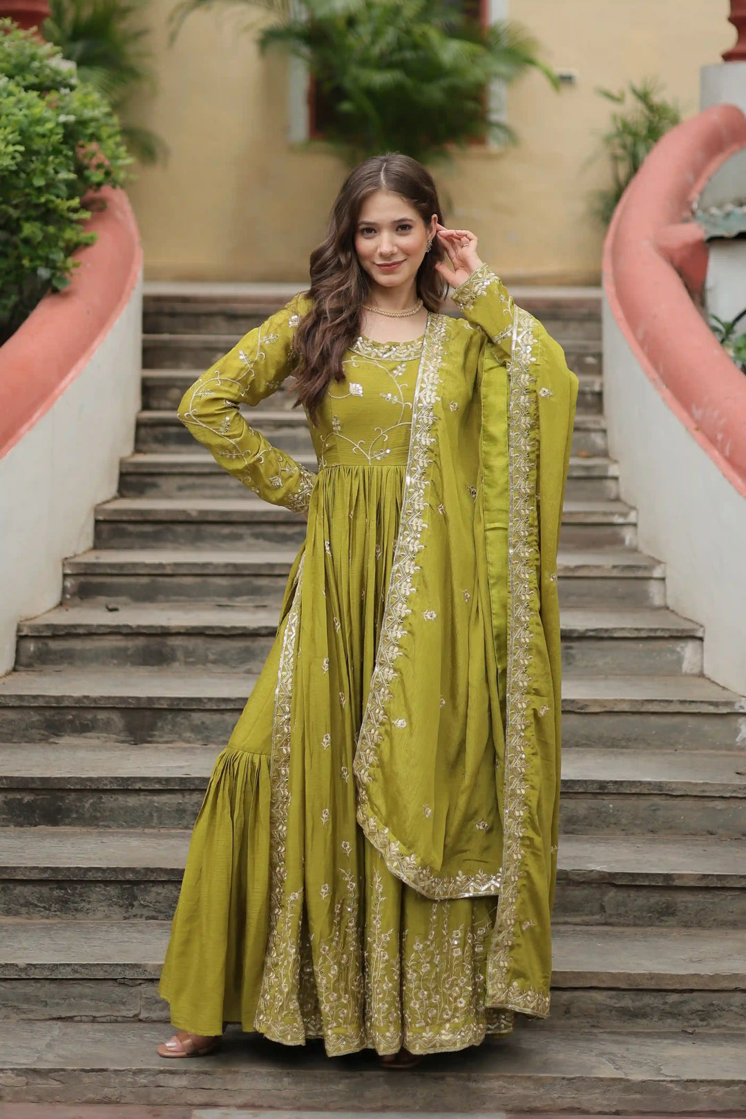 Stunning Readymade Palazzo Suit | Chinon Fabric with Beautiful Embroidery Work