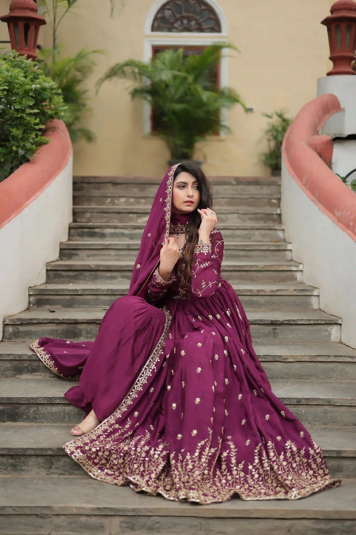 Stunning Readymade Palazzo Suit | Chinon Fabric with Beautiful Embroidery Work