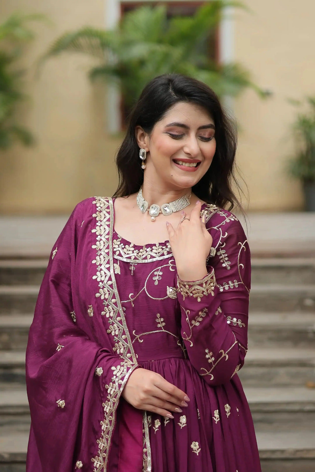 Stunning Readymade Palazzo Suit | Chinon Fabric with Beautiful Embroidery Work