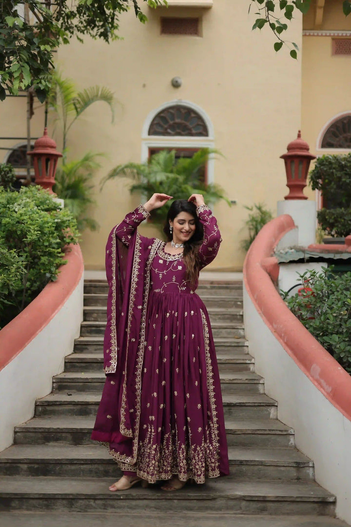 Stunning Readymade Palazzo Suit | Chinon Fabric with Beautiful Embroidery Work