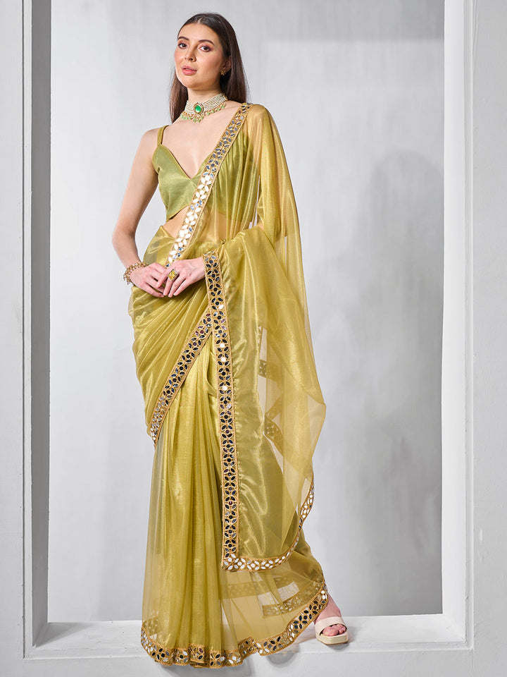 Golden Tissue Net Saree | Art Silk Blouse Solid Gold-Coated Wedding & Festive