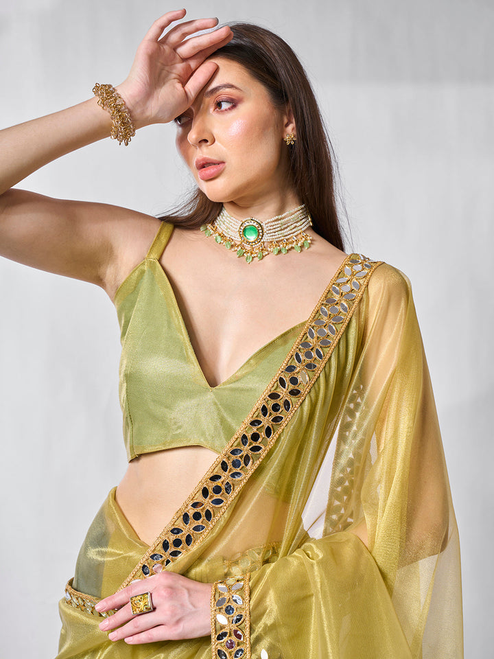 Golden Tissue Net Saree | Art Silk Blouse Solid Gold-Coated Wedding & Festive