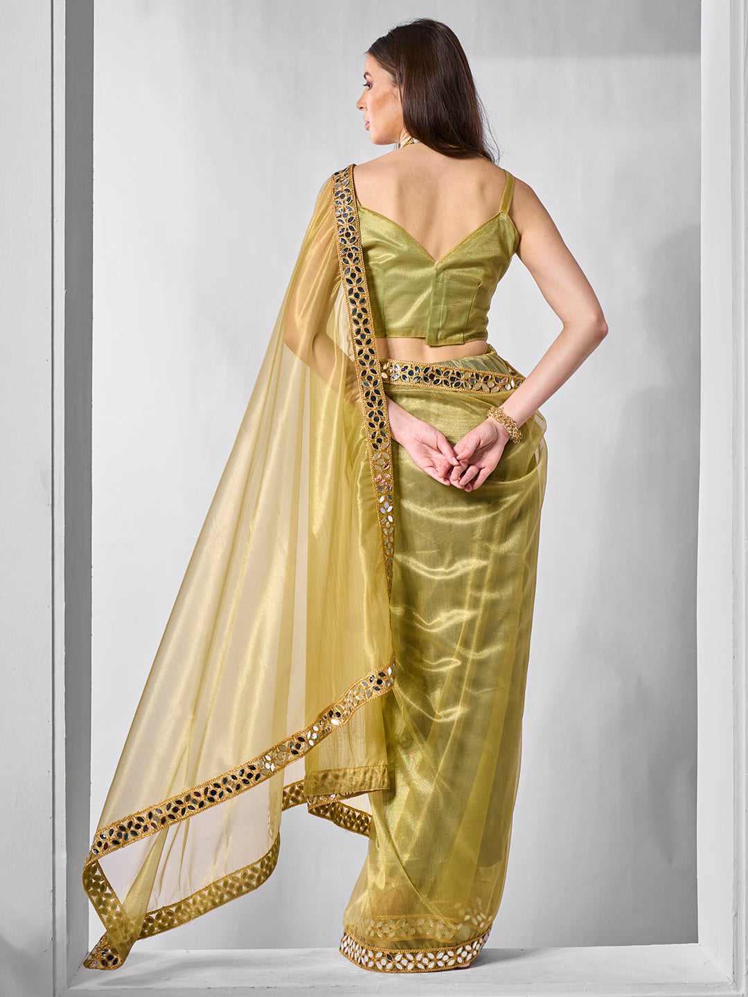 Golden Tissue Net Saree | Art Silk Blouse Solid Gold-Coated Wedding & Festive