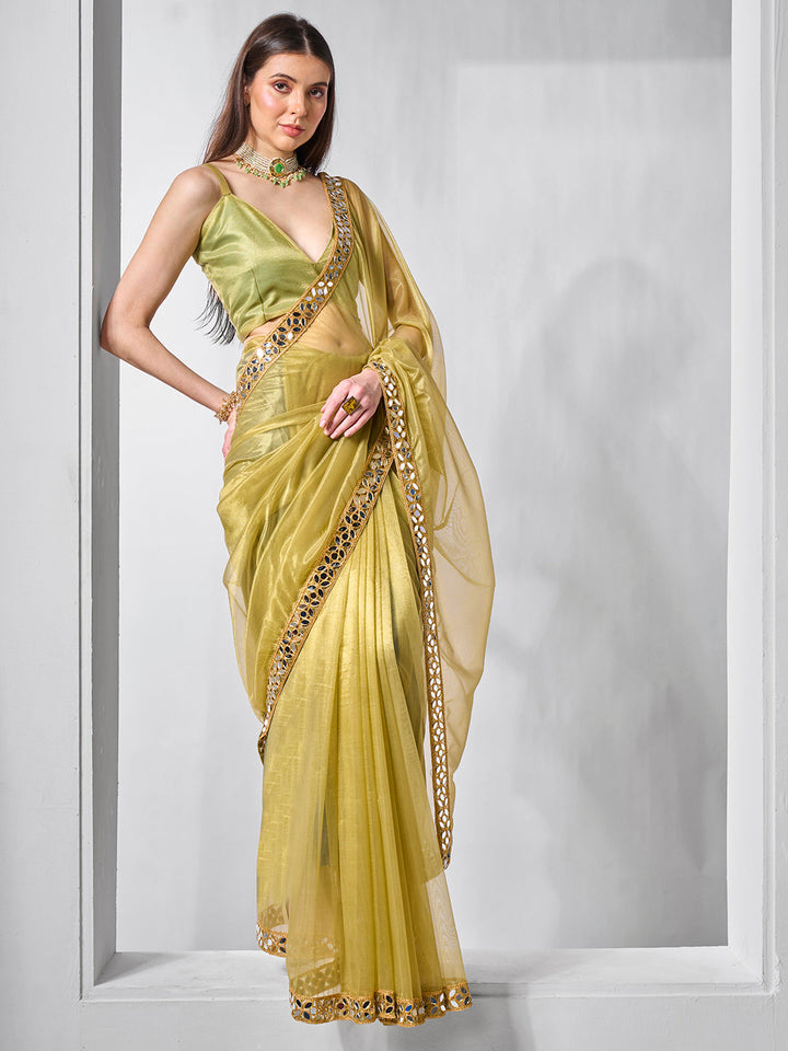 Golden Tissue Net Saree | Art Silk Blouse Solid Gold-Coated Wedding & Festive