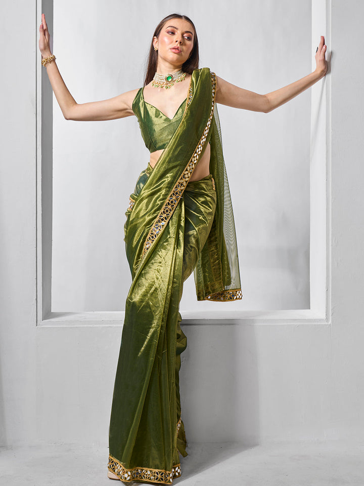 Golden Tissue Net Saree | Art Silk Blouse Solid Gold-Coated Wedding & Festive