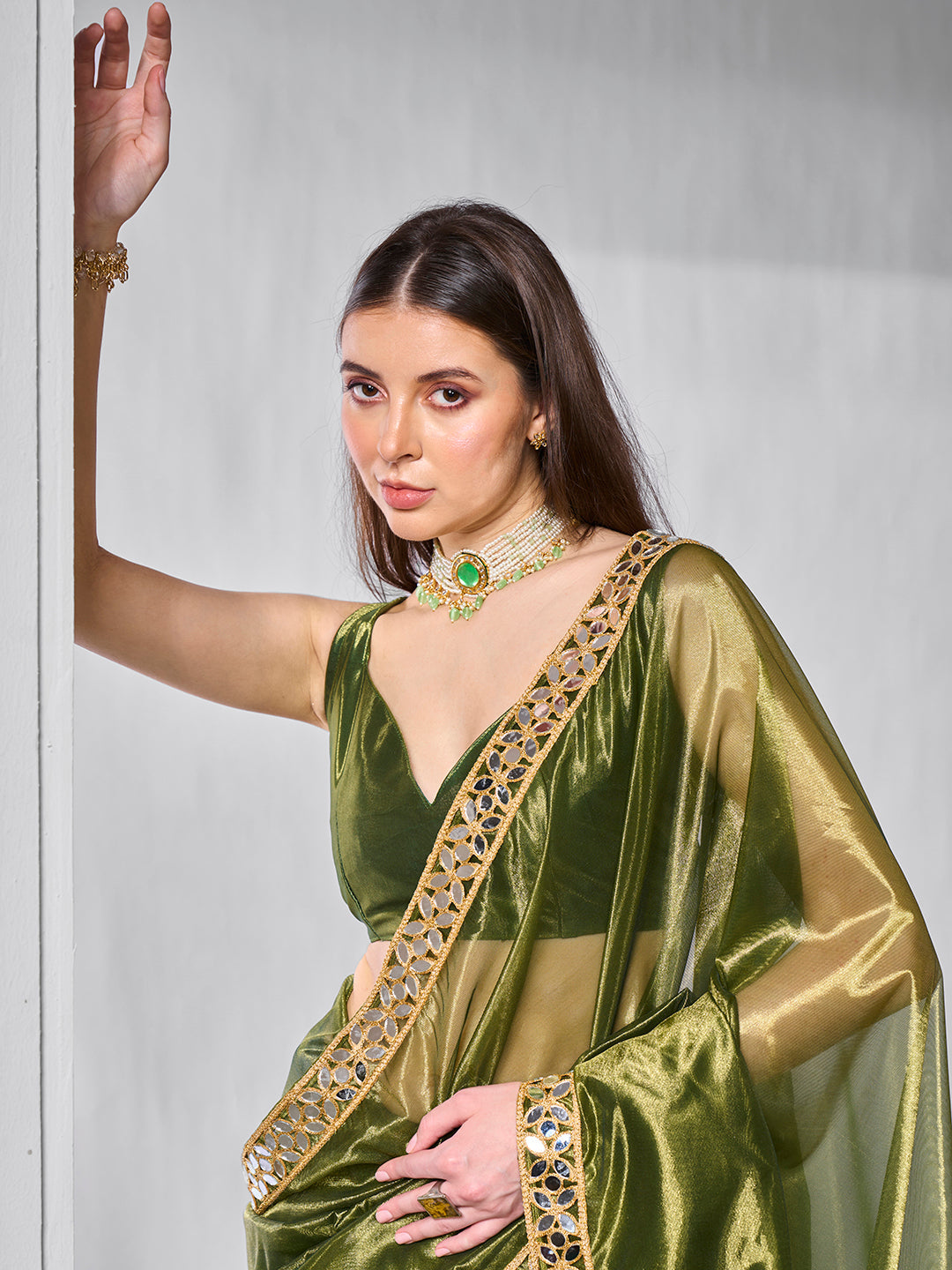 Golden Tissue Net Saree | Art Silk Blouse Solid Gold-Coated Wedding & Festive
