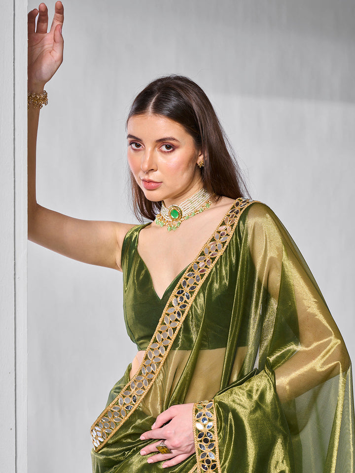 Golden Tissue Net Saree | Art Silk Blouse Solid Gold-Coated Wedding & Festive