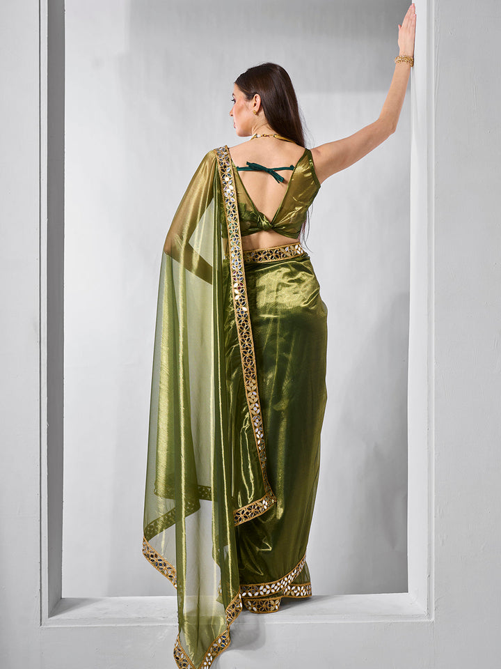 Golden Tissue Net Saree | Art Silk Blouse Solid Gold-Coated Wedding & Festive