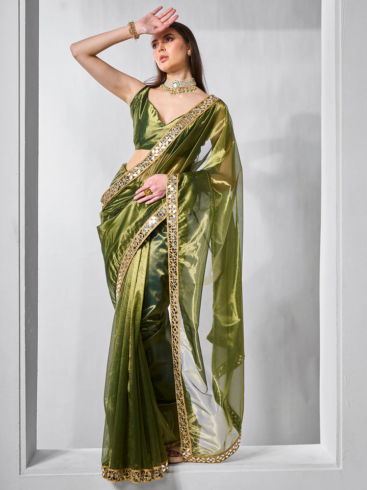 Golden Tissue Net Saree | Art Silk Blouse Solid Gold-Coated Wedding & Festive