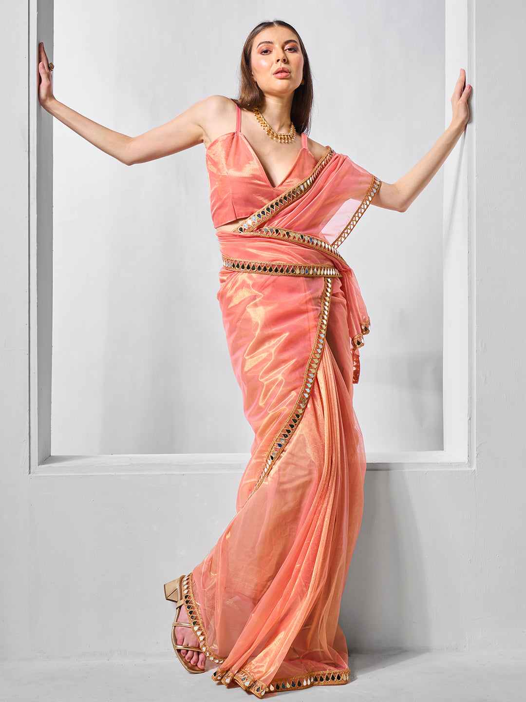 Elegant Gold Tissue Net Saree | Art Silk Blouse Perfect for Weddings & Festivities