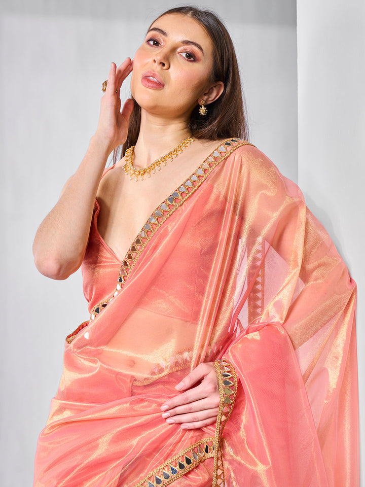 Elegant Gold Tissue Net Saree | Art Silk Blouse Perfect for Weddings & Festivities