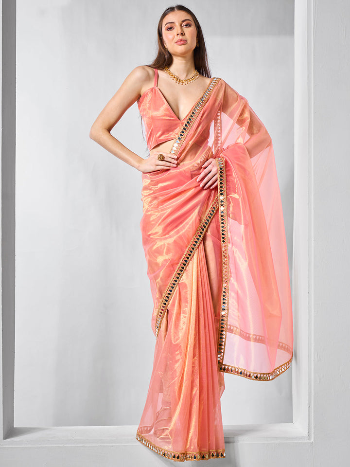 Elegant Gold Tissue Net Saree | Art Silk Blouse Perfect for Weddings & Festivities