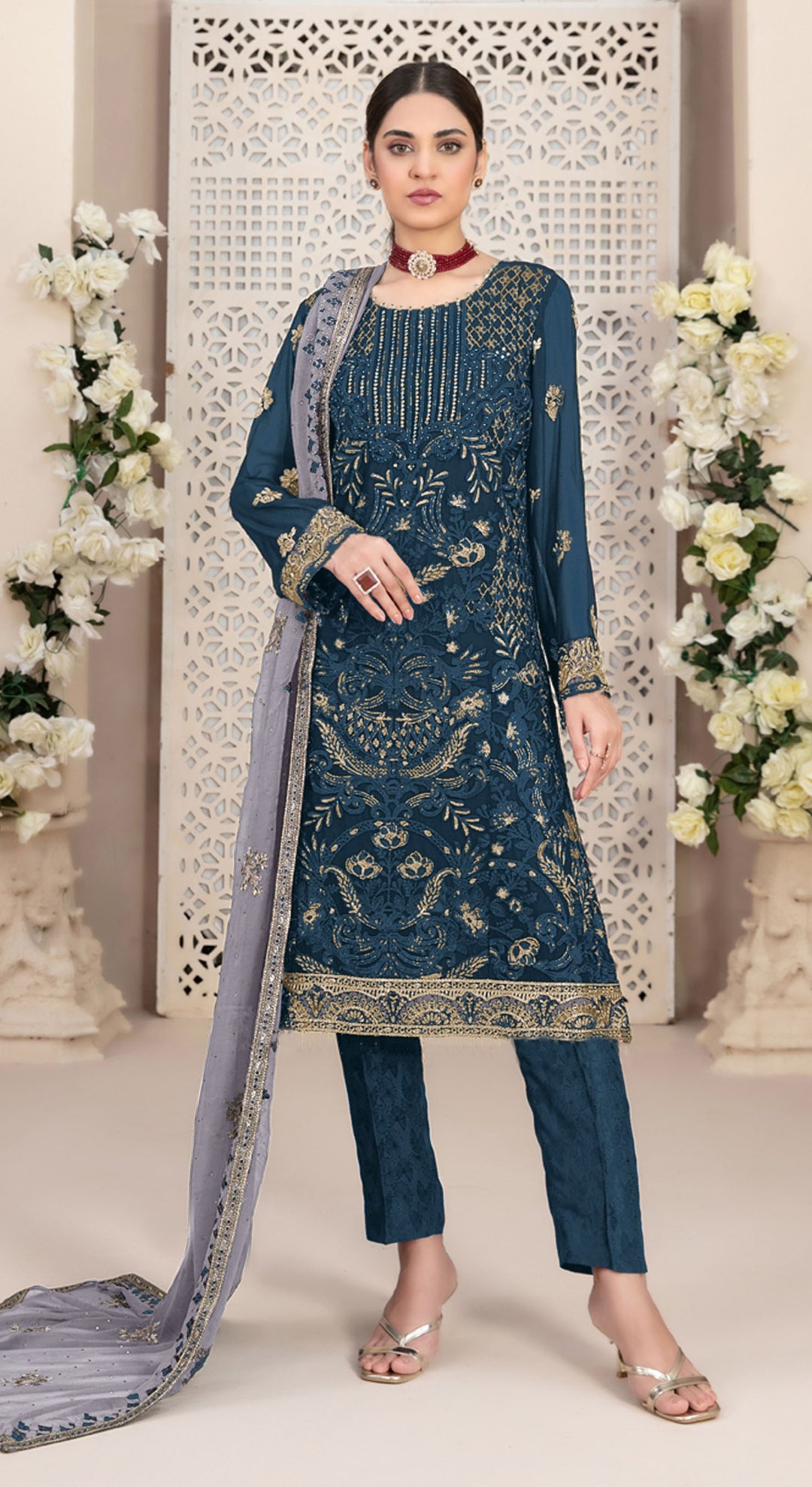 Stylish Georgette Top Featuring Santoon Bottom | Accentuated by a Georgette Dupatta
