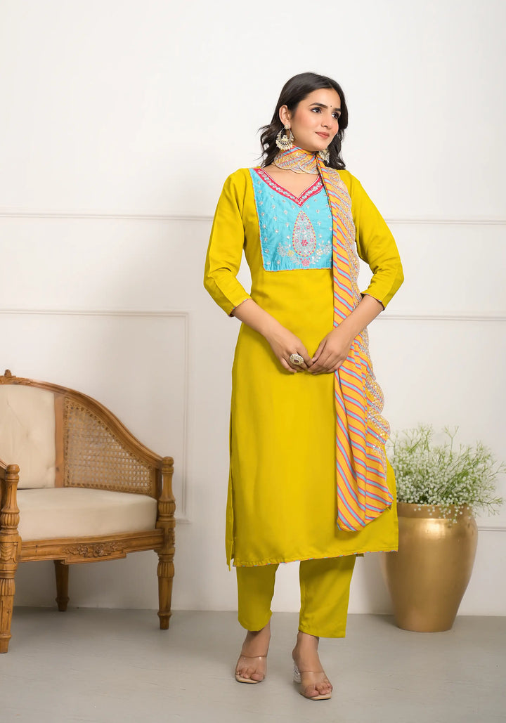 Chic Yellow Viscoce  and Viscose  Combination | Accentuated by a Viscose Dupatta