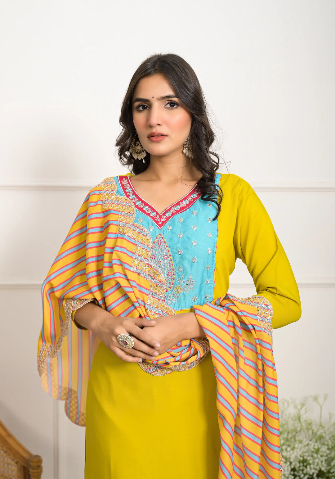 Chic Yellow Viscoce  and Viscose  Combination | Accentuated by a Viscose Dupatta
