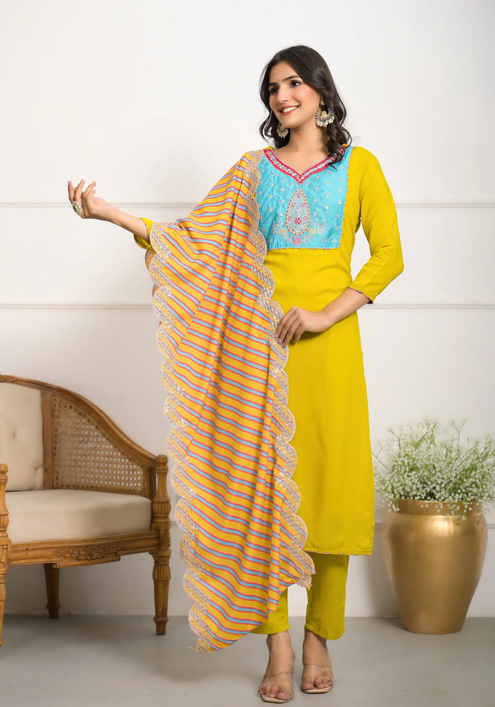 Chic Yellow Viscoce  and Viscose  Combination | Accentuated by a Viscose Dupatta