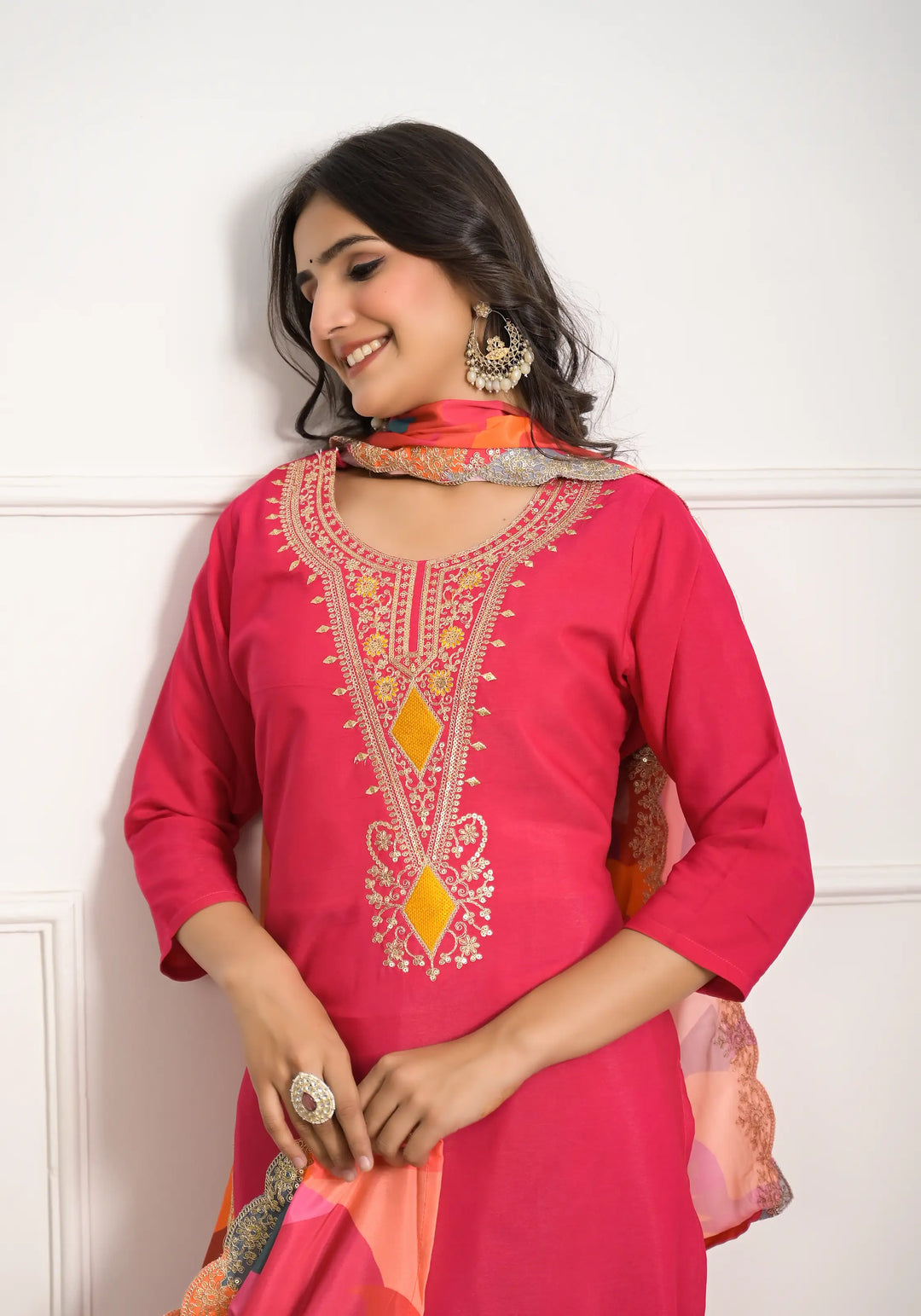 Stylish Rani Pink Silk Viscose Top Featuring Silk Viscose Bottom | Completed with a Gorgeous Crepe