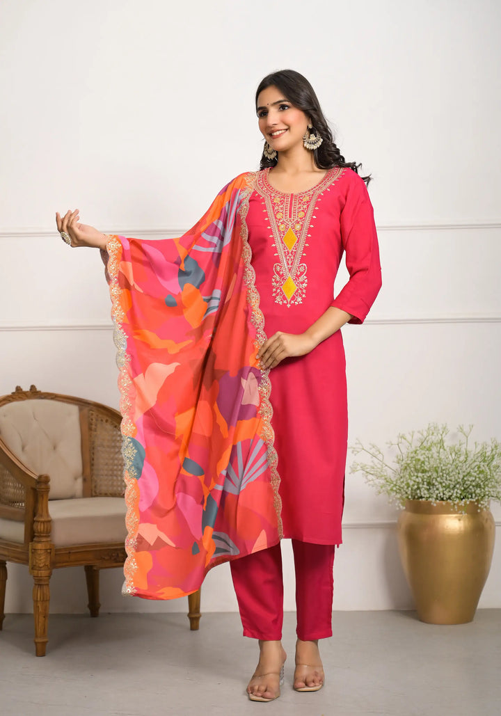 Stylish Rani Pink Silk Viscose Top Featuring Silk Viscose Bottom | Completed with a Gorgeous Crepe