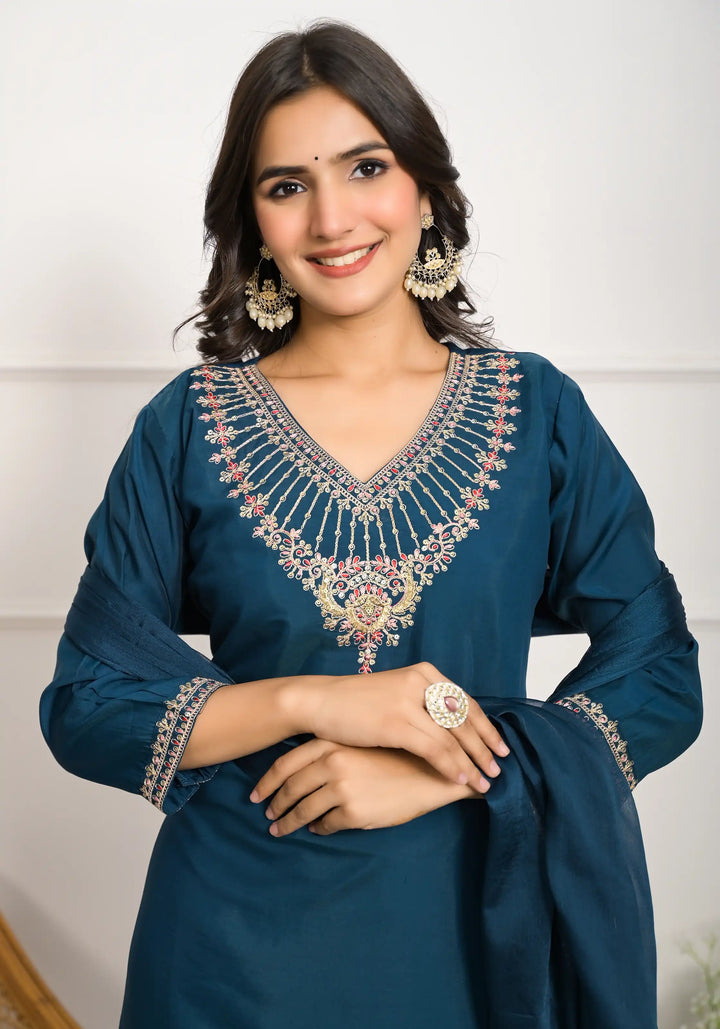 Chic Teal Blue Viscose Chanderi and Viscose Chanderi Combination | Completed with a Gorgeous Nylon