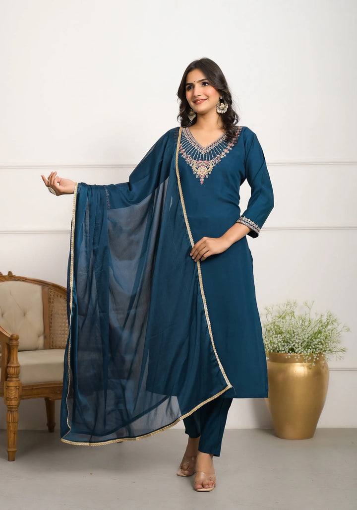 Chic Teal Blue Viscose Chanderi and Viscose Chanderi Combination | Completed with a Gorgeous Nylon