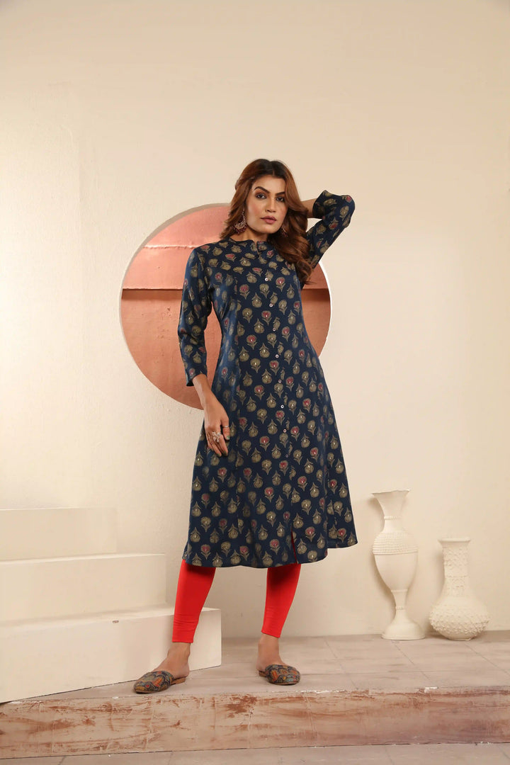 Designer Navy Blue Printed Kurti | Trendy Viscose Muslin with Pocket