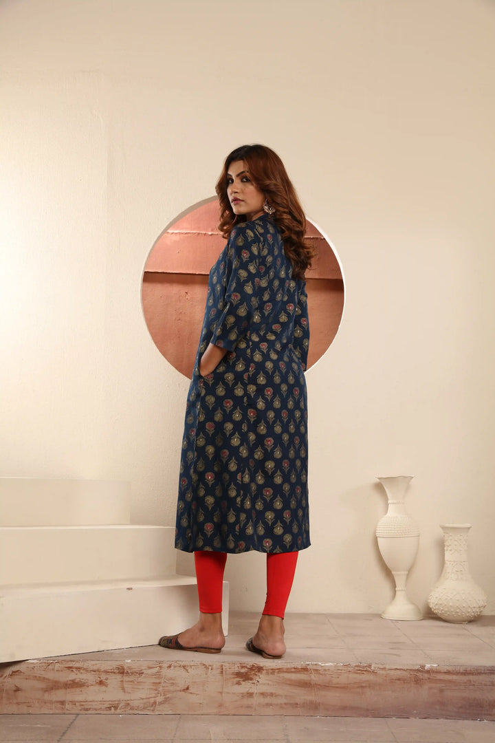 Designer Navy Blue Printed Kurti | Trendy Viscose Muslin with Pocket