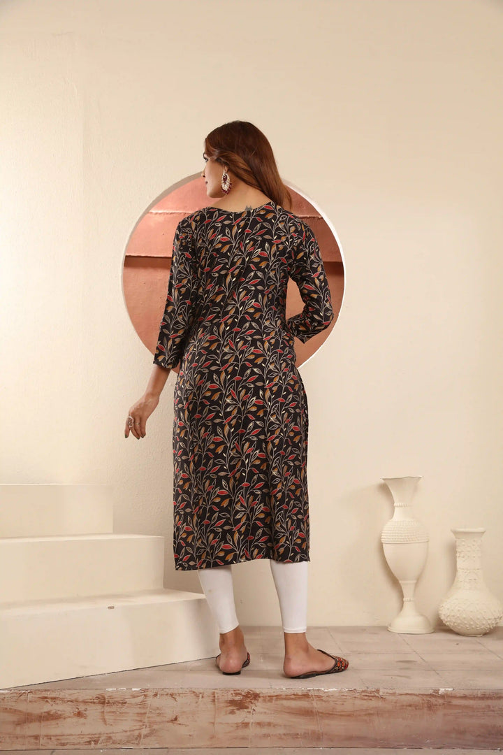 Black Viscose Muslin Kurti | Designer Printed Kurti with Pocket