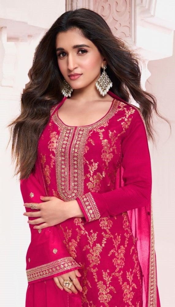 Stylish Bright Pink Viscose Jacquard Top Featuring Santoon Bottom | Highlighting a Stunning Chinon