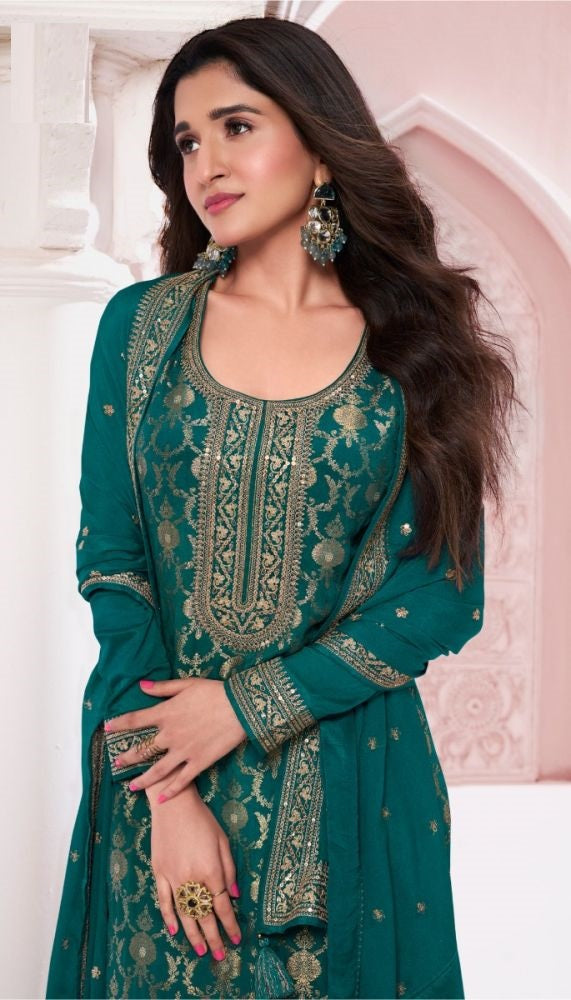Stylish Rama Viscose Jacquard Top Featuring Santoon Bottom | Highlighting a Stunning Chinon Dupatta