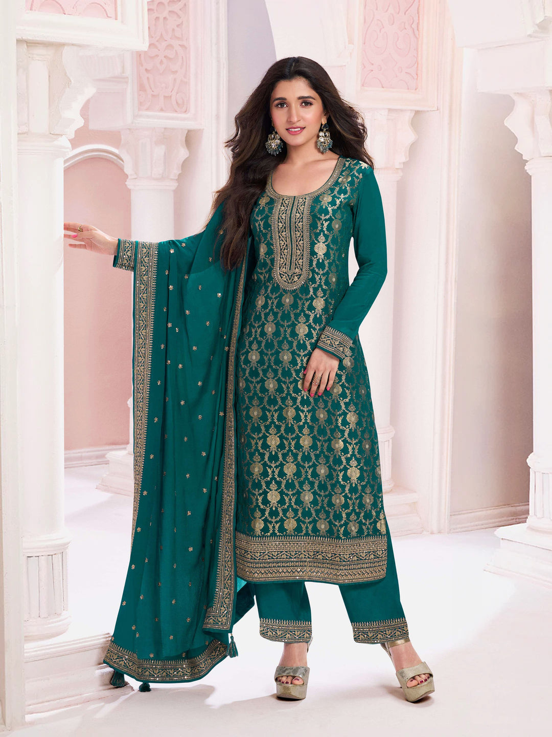 Stylish Rama Viscose Jacquard Top Featuring Santoon Bottom | Highlighting a Stunning Chinon Dupatta