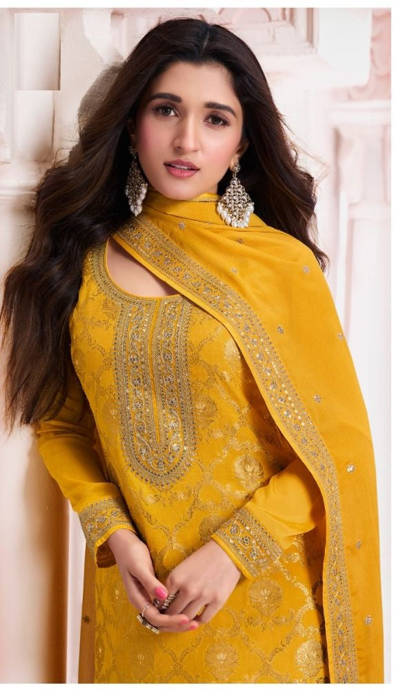 Chic Mustard Viscose Jacquard and Santoon Combination | Highlighting a Stunning Chinon Dupatta