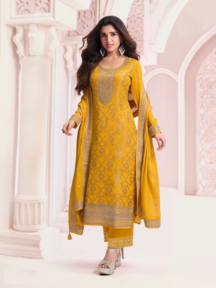 Chic Mustard Viscose Jacquard and Santoon Combination | Highlighting a Stunning Chinon Dupatta