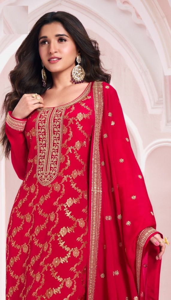 Graceful Red Viscose Jacquard Top with Santoon Bottom | Completed with a Gorgeous Chinon Dupatta