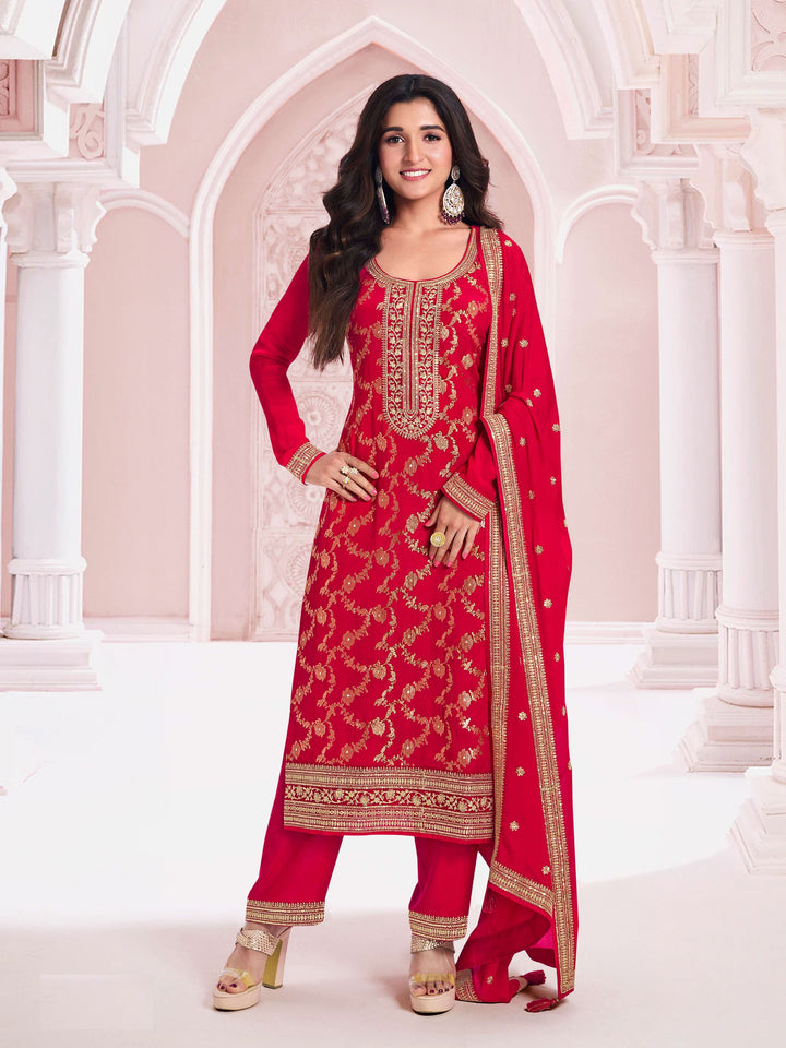 Graceful Red Viscose Jacquard Top with Santoon Bottom | Completed with a Gorgeous Chinon Dupatta
