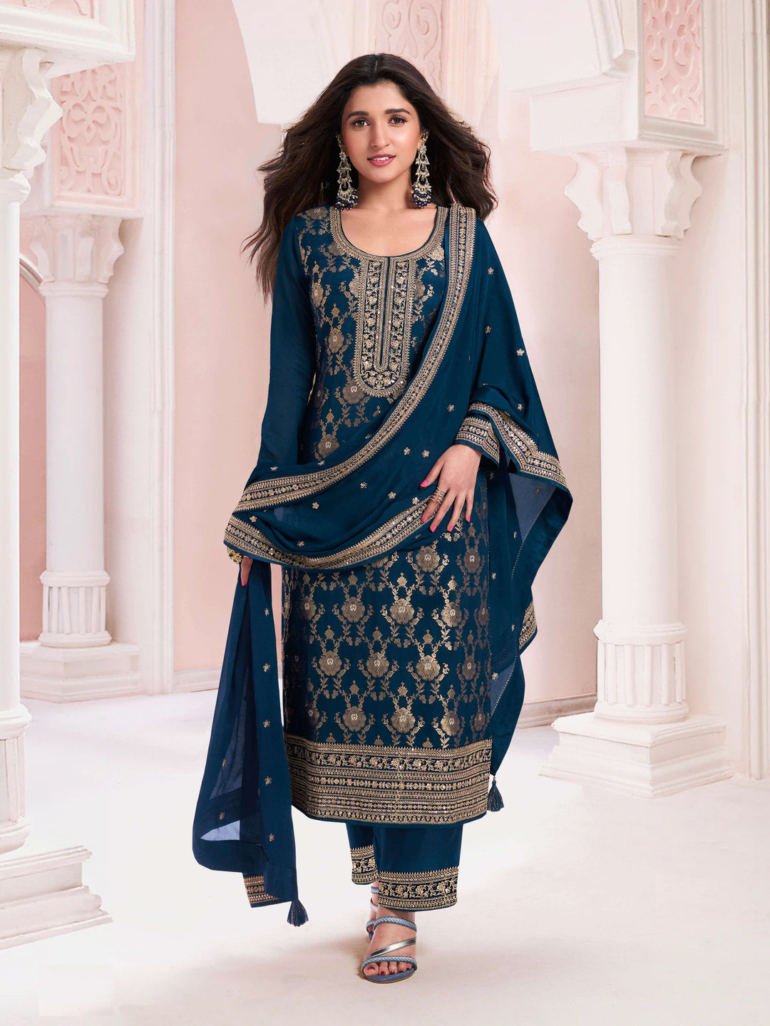 Stylish Teal Blue Viscose Jacquard Top Featuring Santoon Bottom | Completed with a Gorgeous Chinon