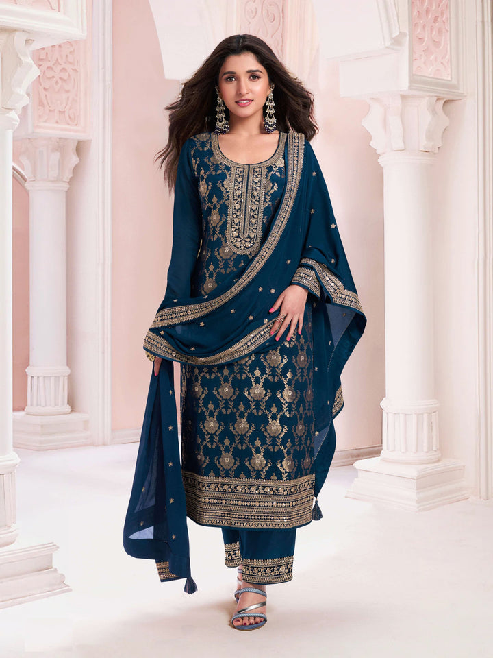 Stylish Teal Blue Viscose Jacquard Top Featuring Santoon Bottom | Completed with a Gorgeous Chinon
