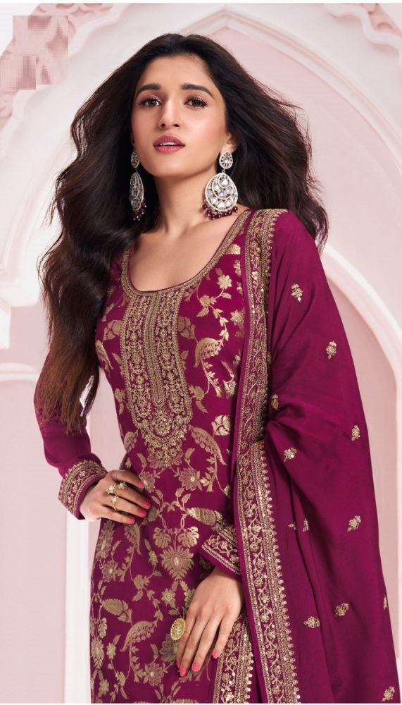 Stylish Wine Viscose Jacquard Top Featuring Santoon Bottom | Accentuated by a Chinon Dupatta