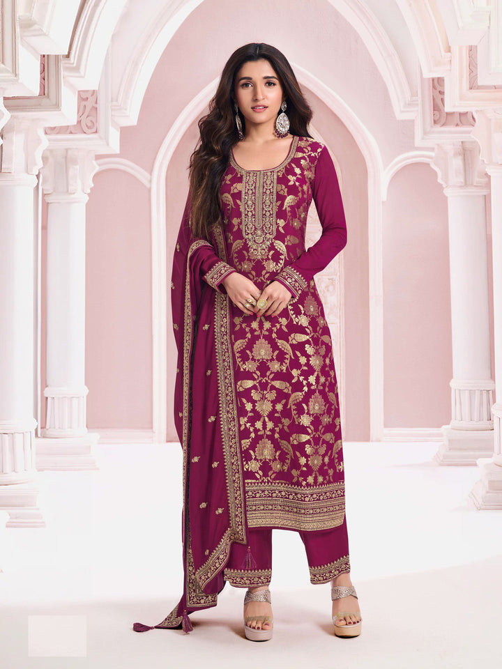 Stylish Wine Viscose Jacquard Top Featuring Santoon Bottom | Accentuated by a Chinon Dupatta