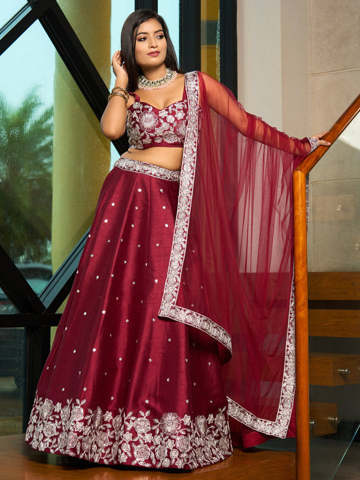 Traditional Art Silk Lehenga | Embroidered Choli with Net Dupatta