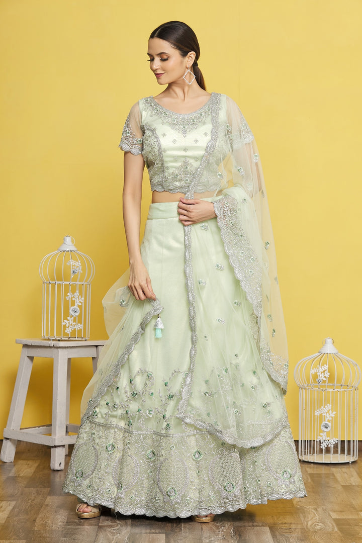 Sea Green Lehenga Choli | Satin Silk with Resham and Jari Embroidery Work