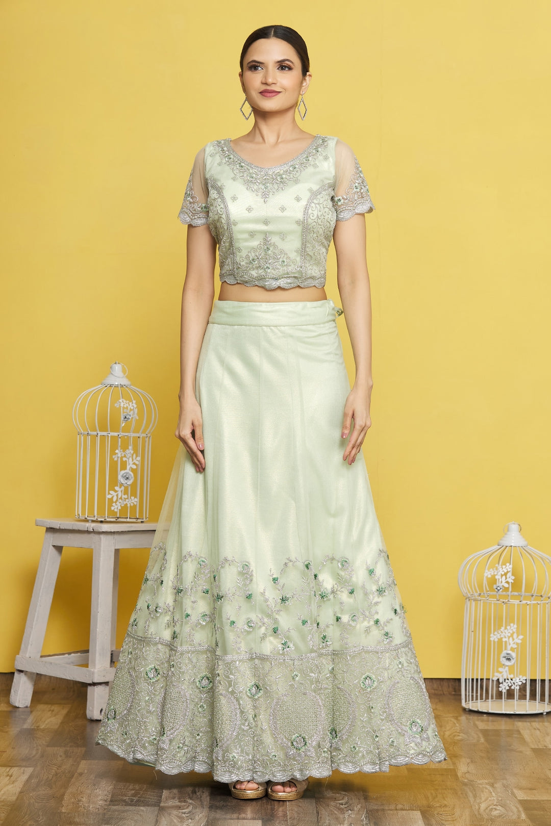 Sea Green Lehenga Choli | Satin Silk with Resham and Jari Embroidery Work