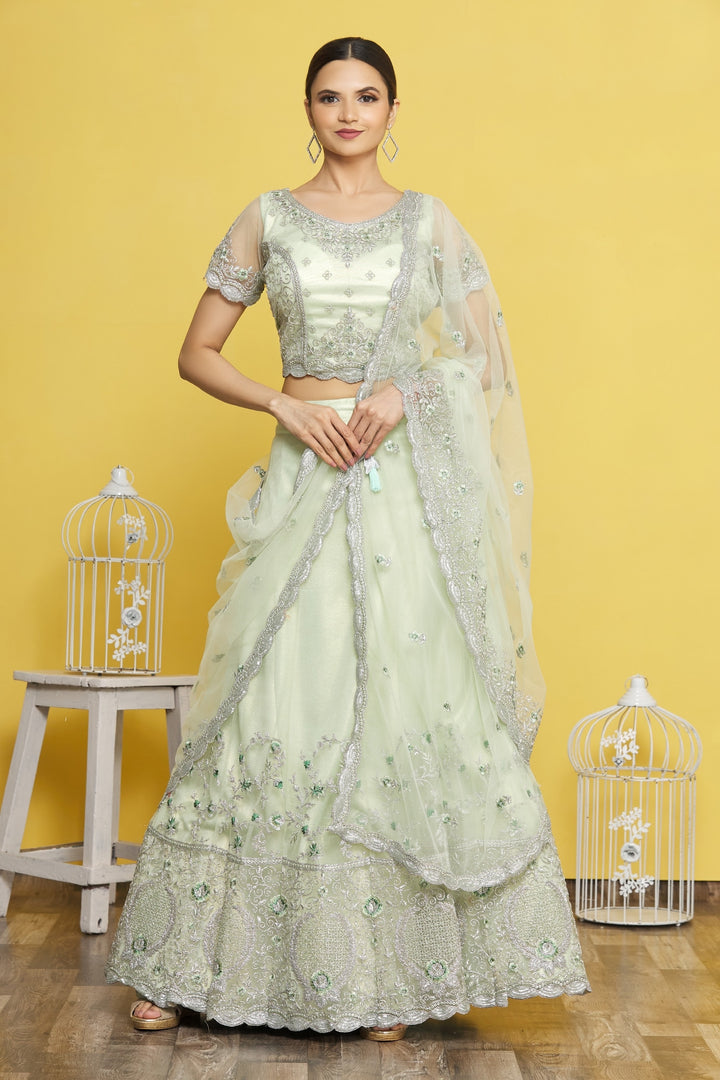 Sea Green Lehenga Choli | Satin Silk with Resham and Jari Embroidery Work