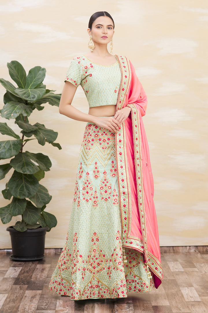 Designer Pista Green Lehenga Choli | Silk Fabric with Jari Thread Embroidery