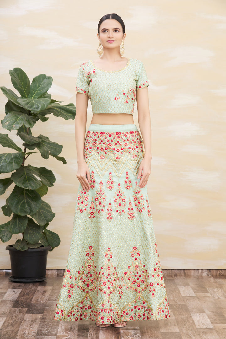 Designer Pista Green Lehenga Choli | Silk Fabric with Jari Thread Embroidery