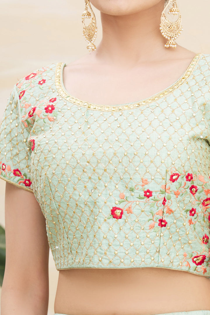 Designer Pista Green Lehenga Choli | Silk Fabric with Jari Thread Embroidery